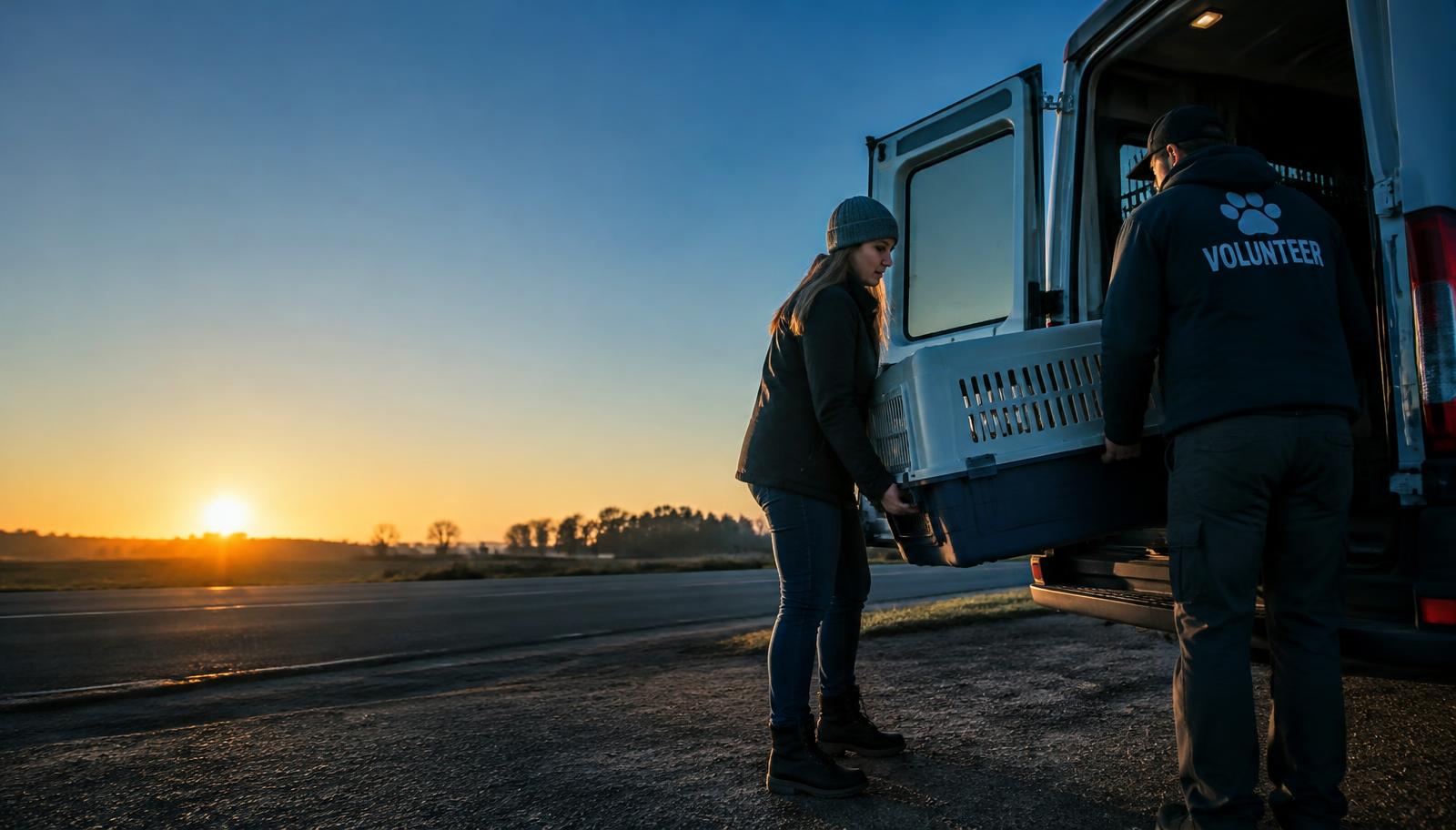Zwei Ehrenamtliche laden bei Sonnenaufgang eine Transportbox in einen Transporter