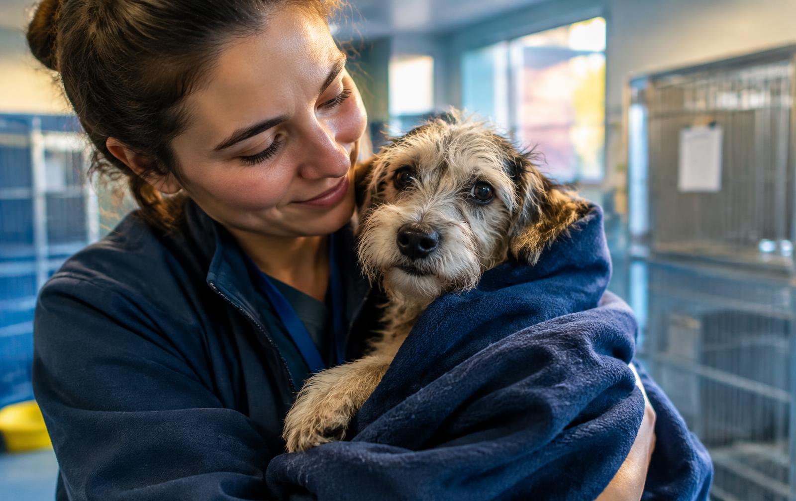Eine Helferin hält einen geretteten Hund, eingewickelt in eine blaue Decke